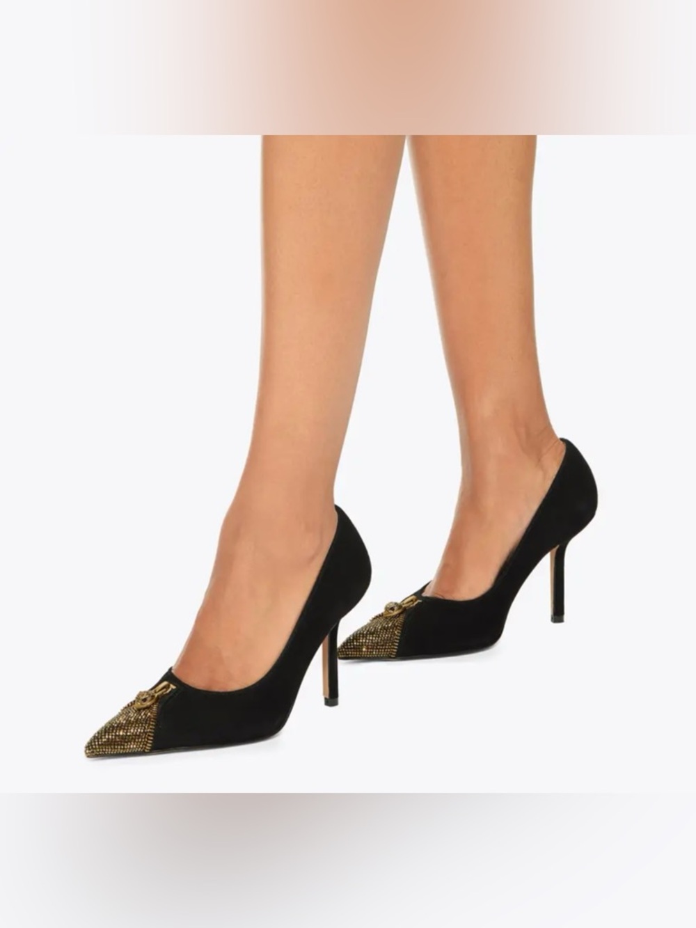 Kurt Geiger Zip Court Black Pumps with Gold Embellished Pointed Toe